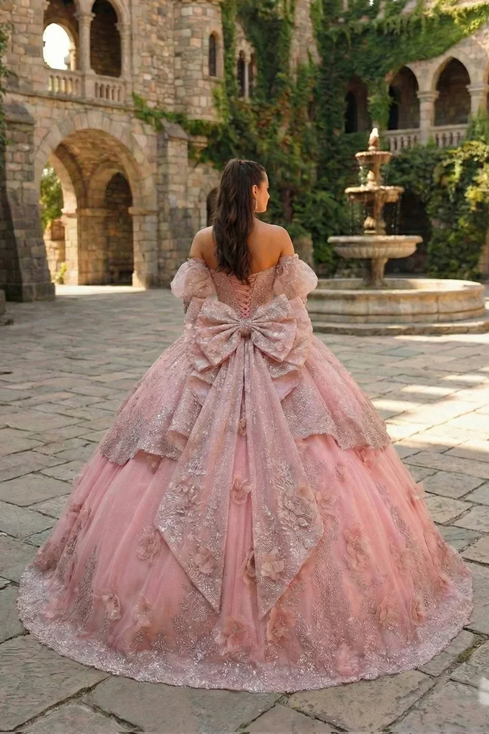Textured Ruffles Ball Gown Cold Shoulder Quinceañera Dress With Embroidery and 3D Floral | Promspark