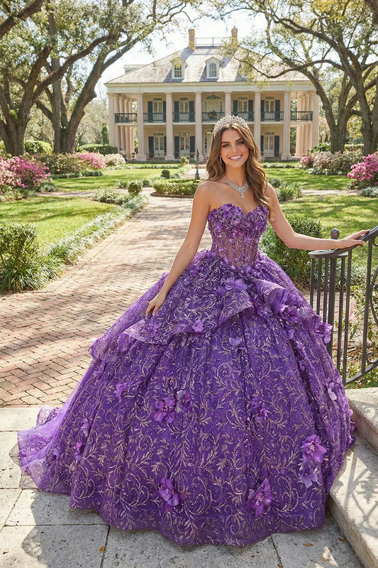 Textured Ruffles Ball Gown Illusion Off-the-shoulder Quinceañera Dress With Lace & 3D Floral | Promspark
