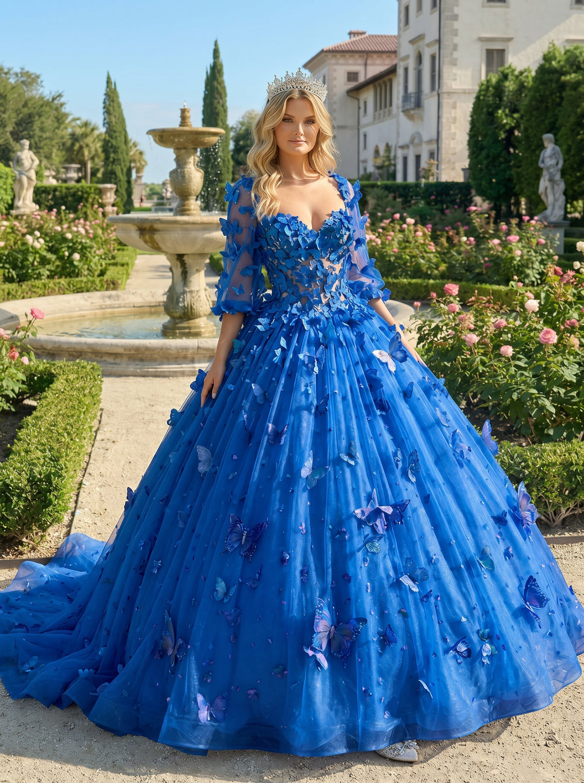 Charming Ball Gown Illusion Long Sleeves Quinceañera Dress With 3D Butterfly | Promspark