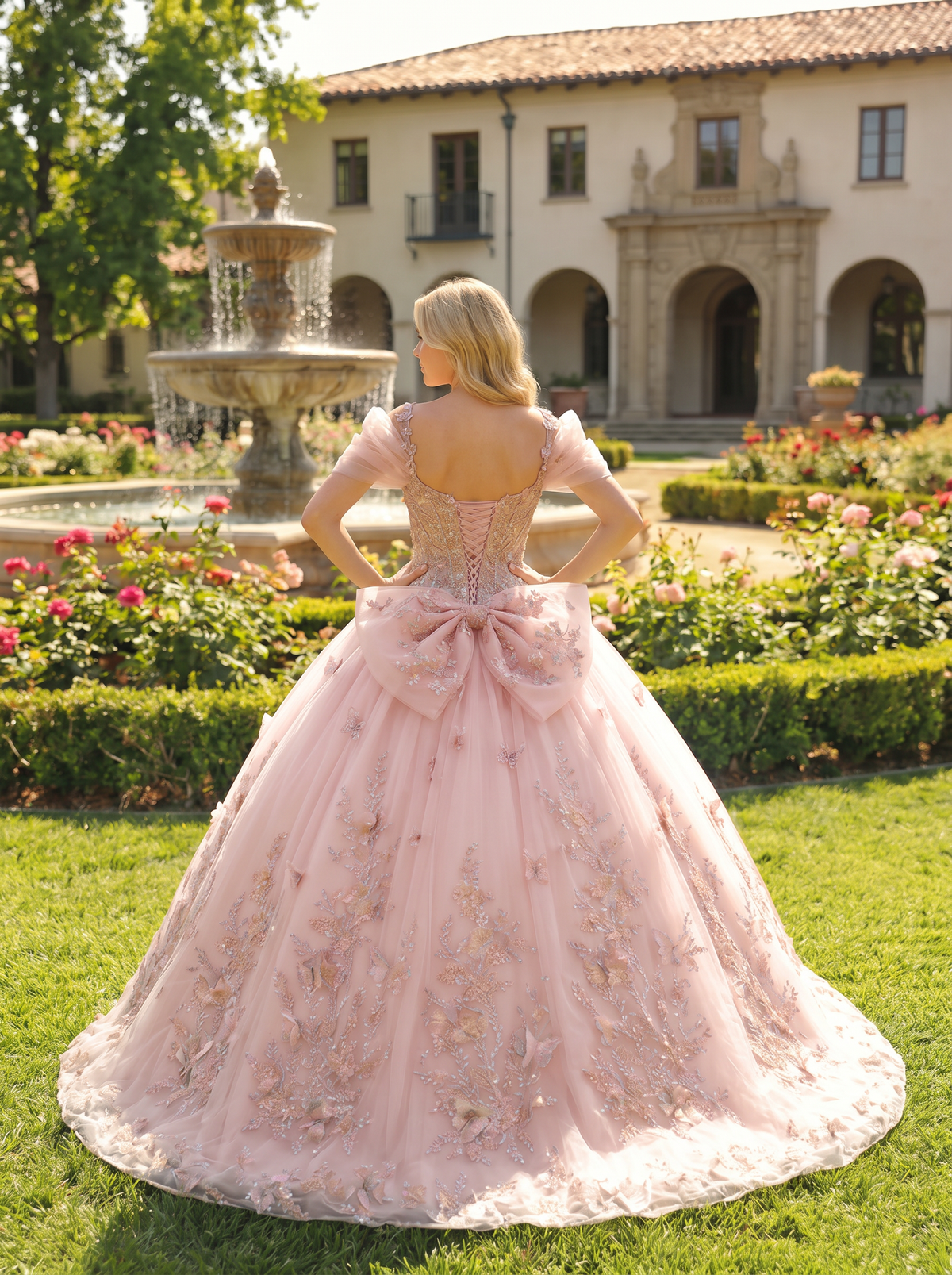 Elegant Ball Gown Cold Shoulder Quinceañera Dress With Floral Embroidery and 3D Butterfly | Promspark