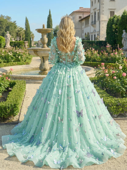 Charming Ball Gown Illusion Long Sleeves Quinceañera Dress With 3D Butterfly | Promspark