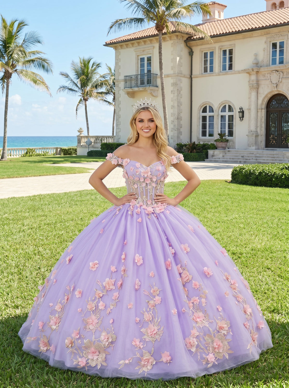 Charming Ball Gown Illusion Neck Quinceañera Dress With 3D Floral & Lace | Promspark