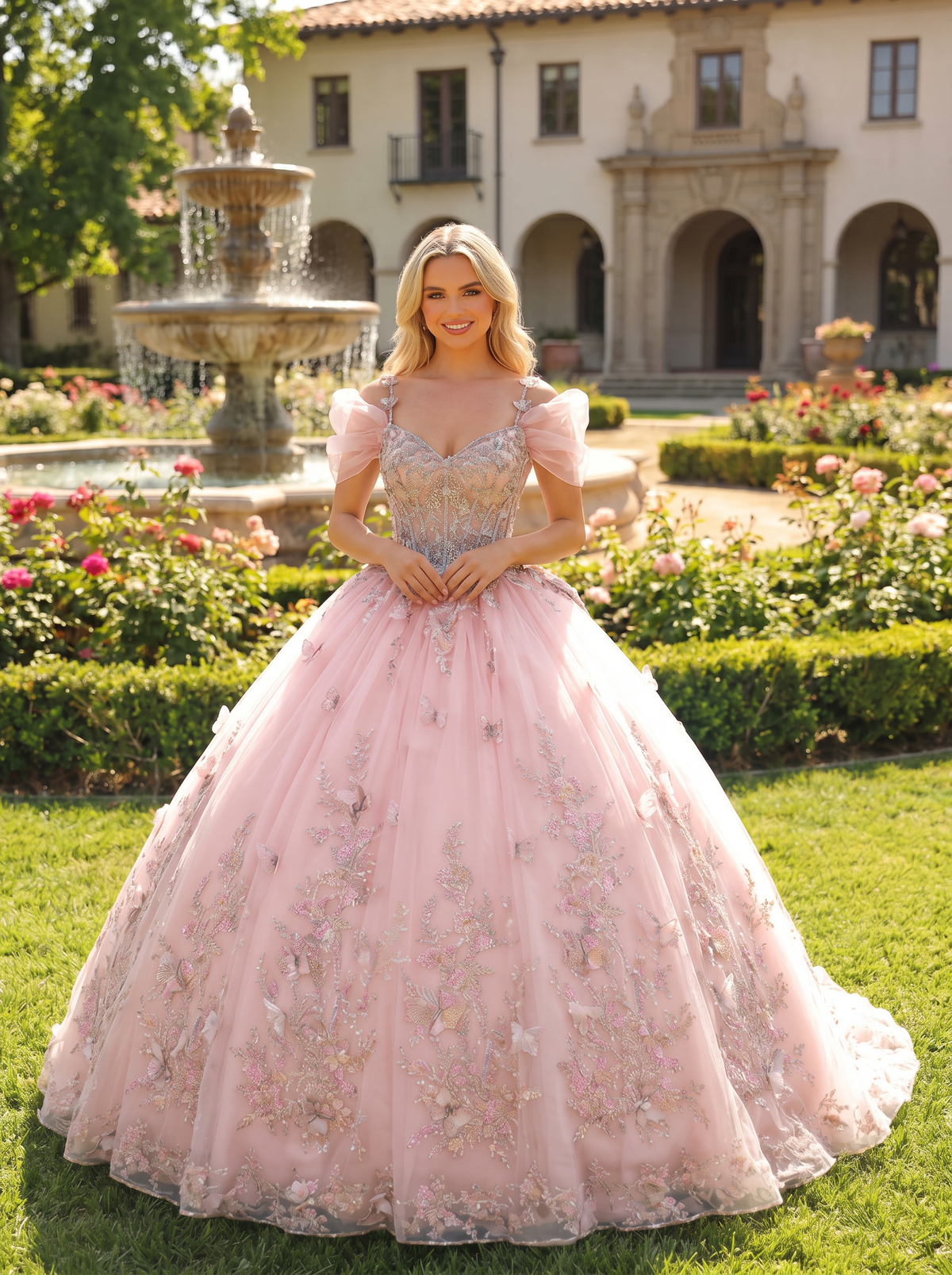 Elegant Ball Gown Cold Shoulder Quinceañera Dress With Floral Embroidery and 3D Butterfly | Promspark