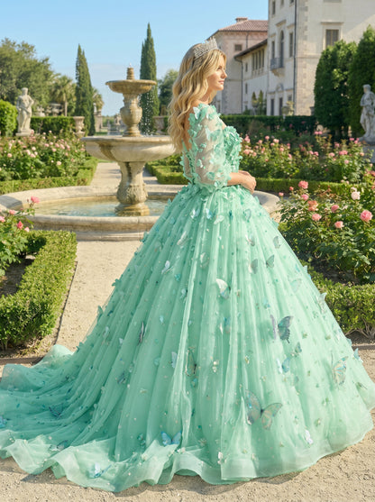 Charming Ball Gown Illusion Long Sleeves Quinceañera Dress With 3D Butterfly | Promspark