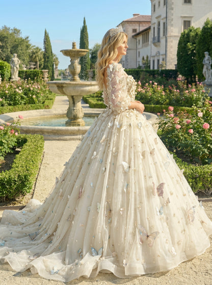 Charming Ball Gown Illusion Long Sleeves Quinceañera Dress With 3D Butterfly | Promspark