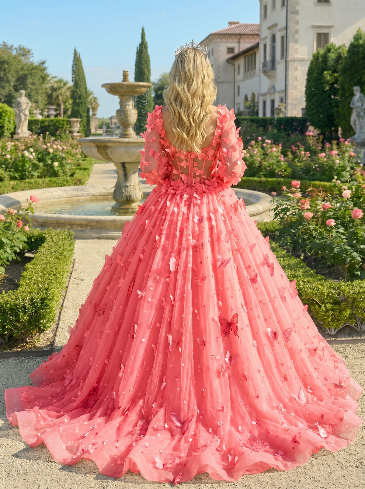 Charming Ball Gown Illusion Long Sleeves Quinceañera Dress With 3D Butterfly | Promspark
