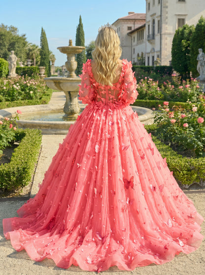 Charming Ball Gown Illusion Long Sleeves Quinceañera Dress With 3D Butterfly | Promspark