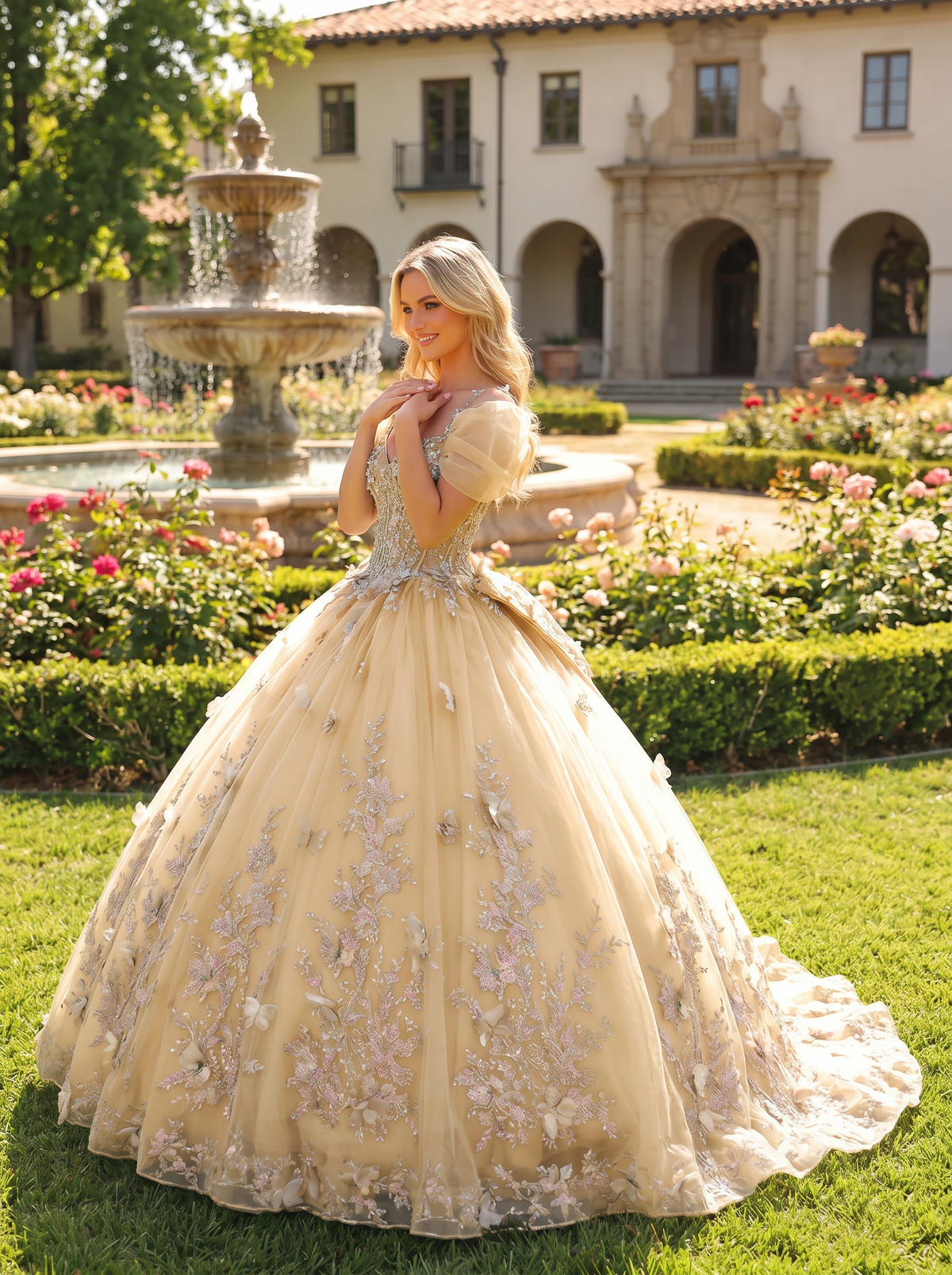 Elegant Ball Gown Cold Shoulder Quinceañera Dress With Floral Embroidery and 3D Butterfly | Promspark