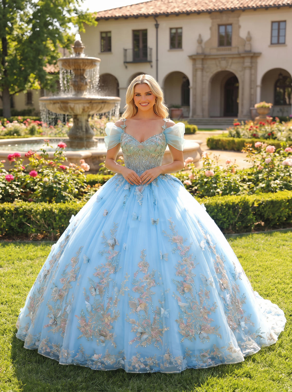 Elegant Ball Gown Cold Shoulder Quinceañera Dress With Floral Embroidery and 3D Butterfly | Promspark