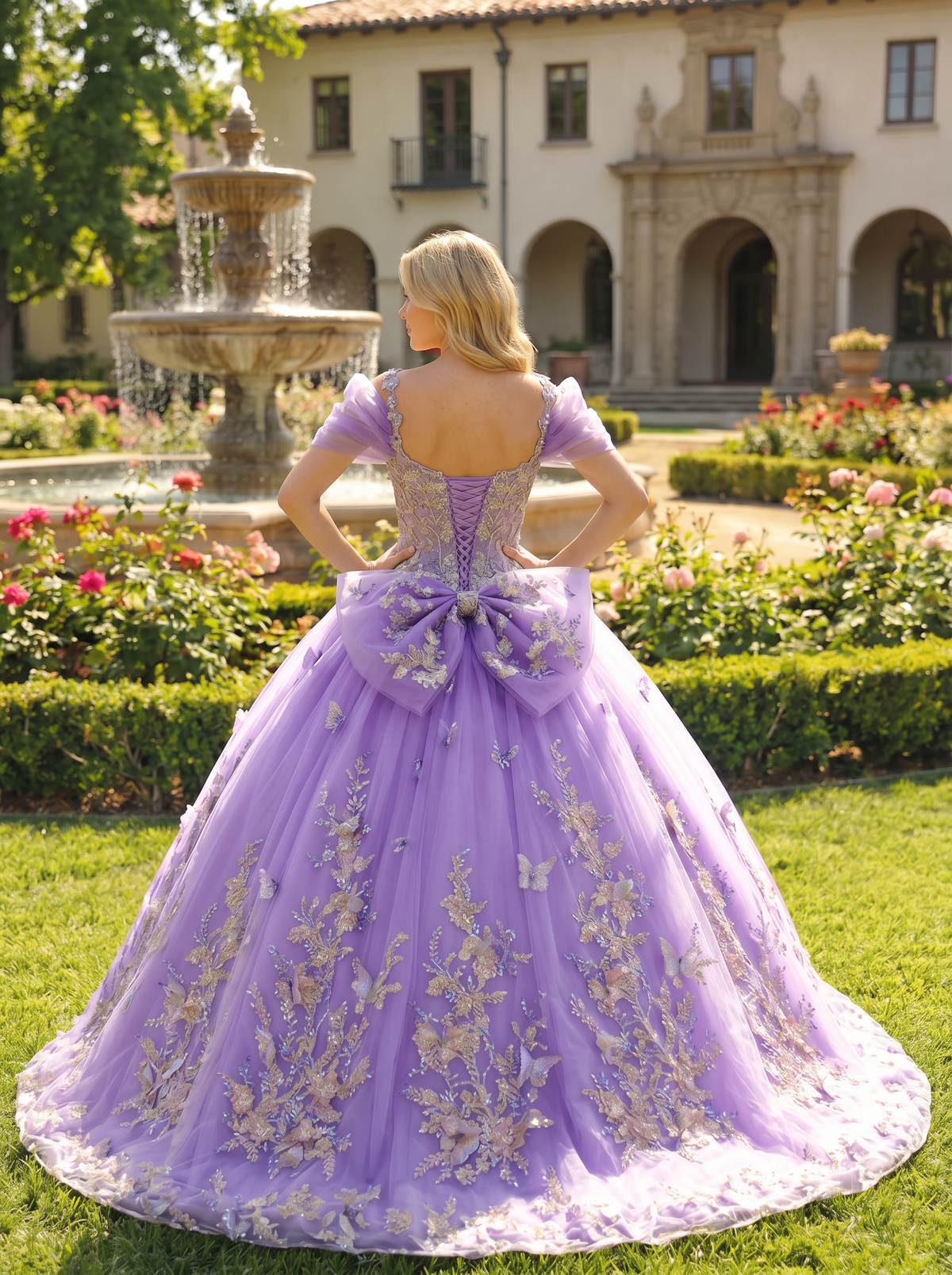 Elegant Ball Gown Cold Shoulder Quinceañera Dress With Floral Embroidery and 3D Butterfly | Promspark