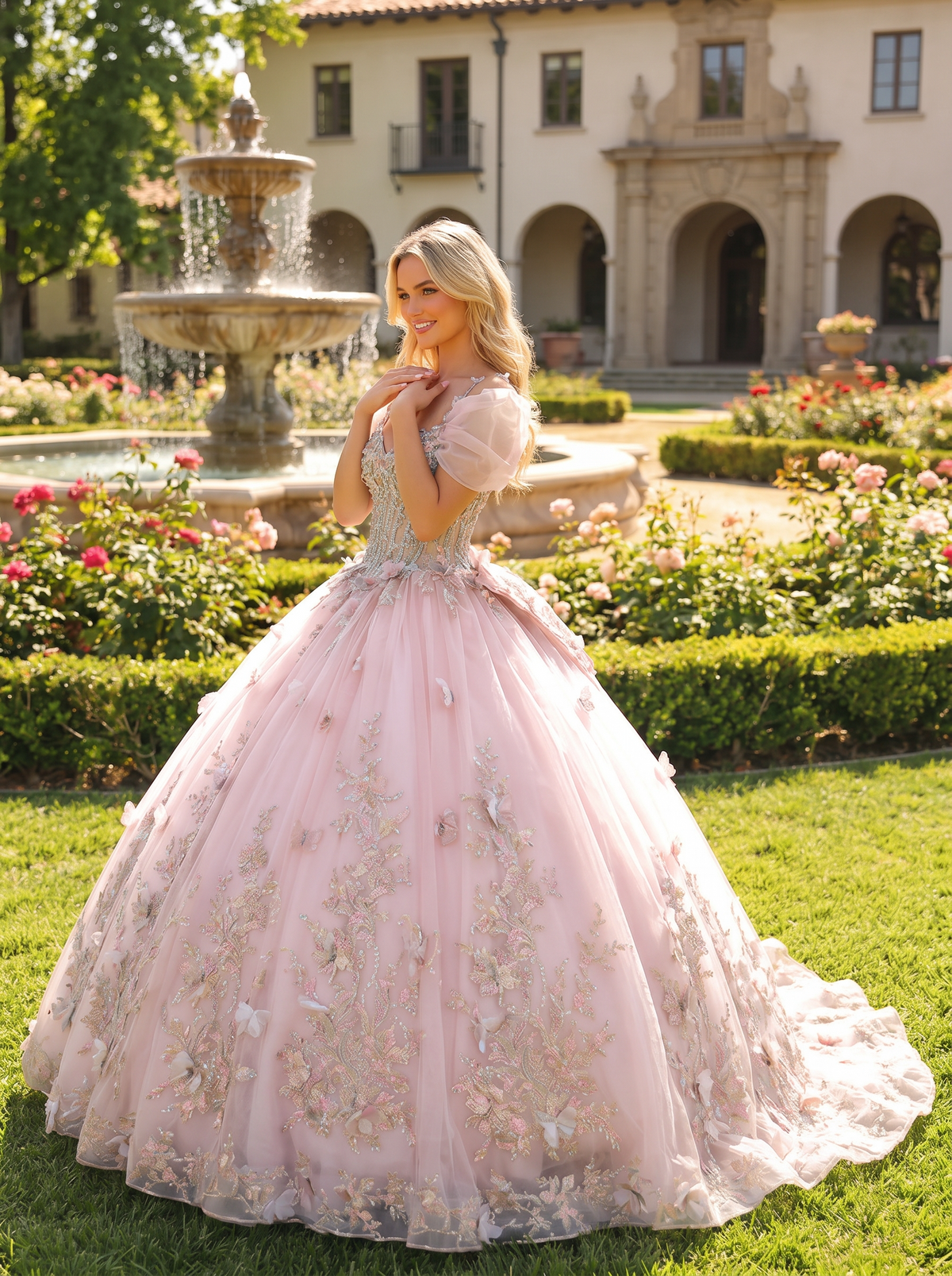 Elegant Ball Gown Cold Shoulder Quinceañera Dress With Floral Embroidery and 3D Butterfly | Promspark